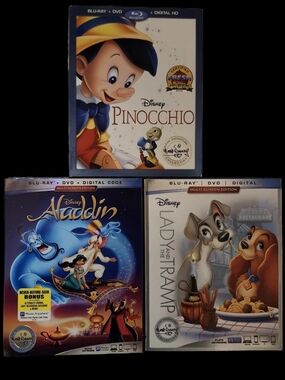 Disney Blu-ray/DVD Lot. NEW. Aladdin, Lady & The Tramp, Pinocchio